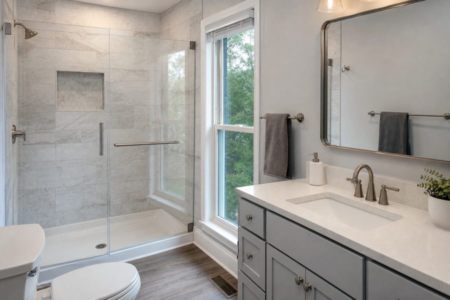 Cerpa Construction LLC finished bathroom remodeling project with renovated shower tile vanity flooring lighting and fixtures.