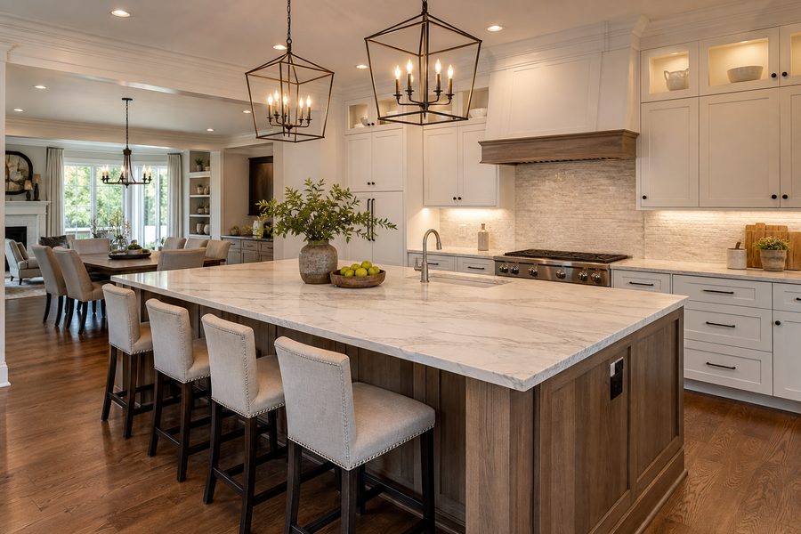 Cerpa Construction LLC finished high end kitchen remodel with custom cabinets stone island backsplash lighting flooring and premium finishes.