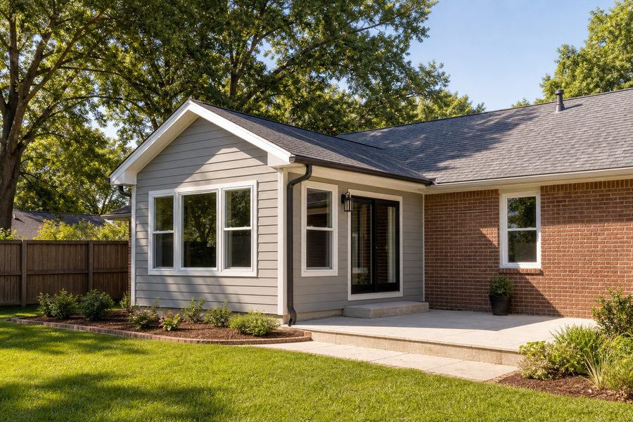 Cerpa Construction LLC finished home addition with matched roofline windows siding brickwork patio transition and clean yard.