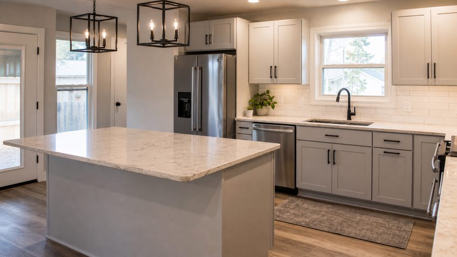 Cerpa Construction LLC finished kitchen remodeling project in Memphis TN with renovated cabinets countertops backsplash lighting and flooring.
