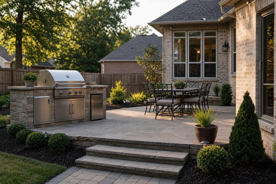 Cerpa Construction LLC finished exterior patio and grilling area with renovated concrete pavers grill station seating and landscaping.