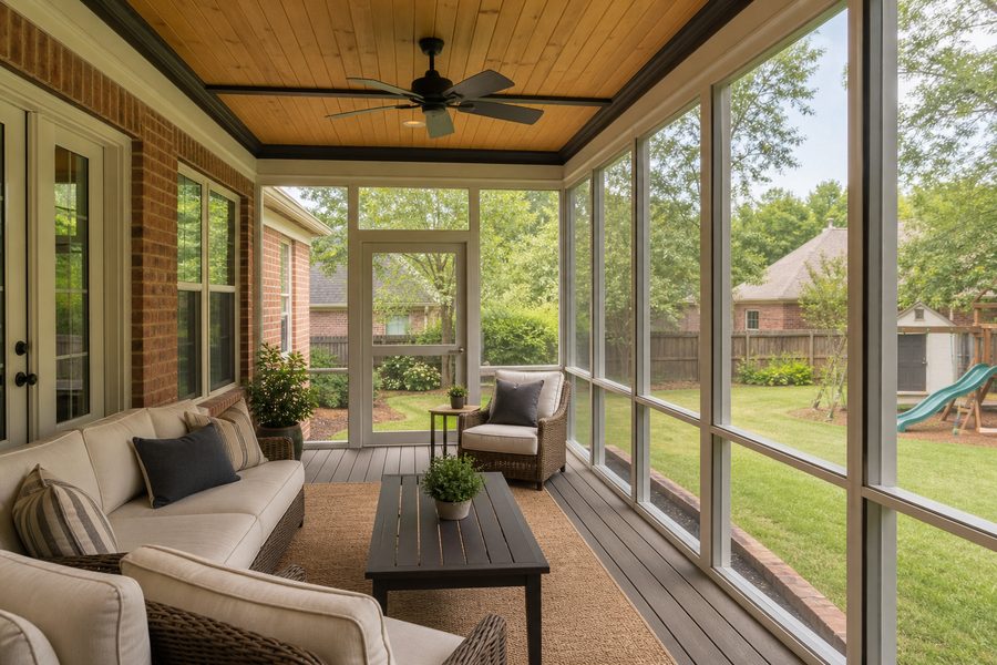 Cerpa Construction LLC finished screened porch addition with renovated framing screens flooring trim ceiling fan and outdoor living space.